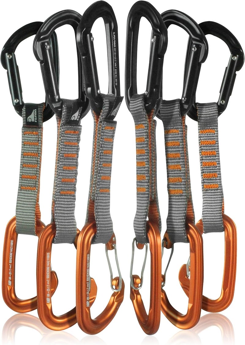 FUSION Quickdraw Set with Wire Gate Carabiner, 6-Pack, 11cm, Orange/Black - Image 1